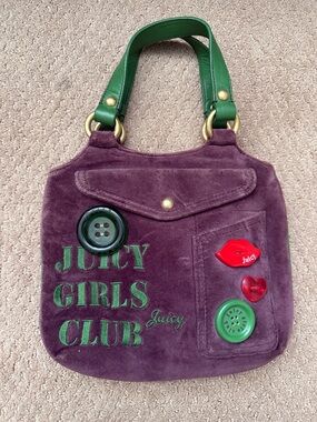 Juicy Couture Purple Velvet Shoulder Bag with Green Handles and Button Accents